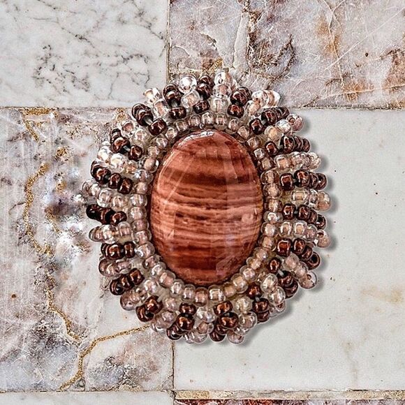 Vtg hand beaded Banded Agate earrings pierced crystal ab copper glass bead - Picture 6 of 9